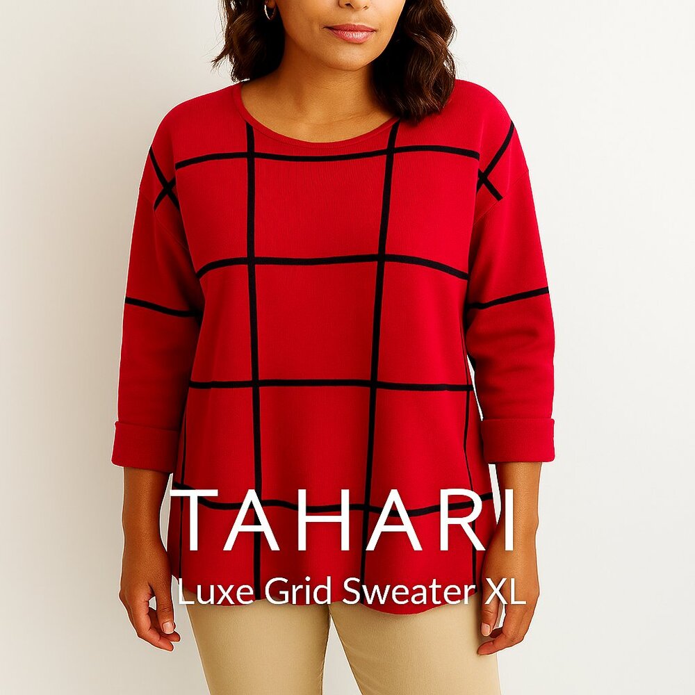TAHARI Luxe Grid Sweater XL Bold Red Elegance-quiet luxury and timeless design